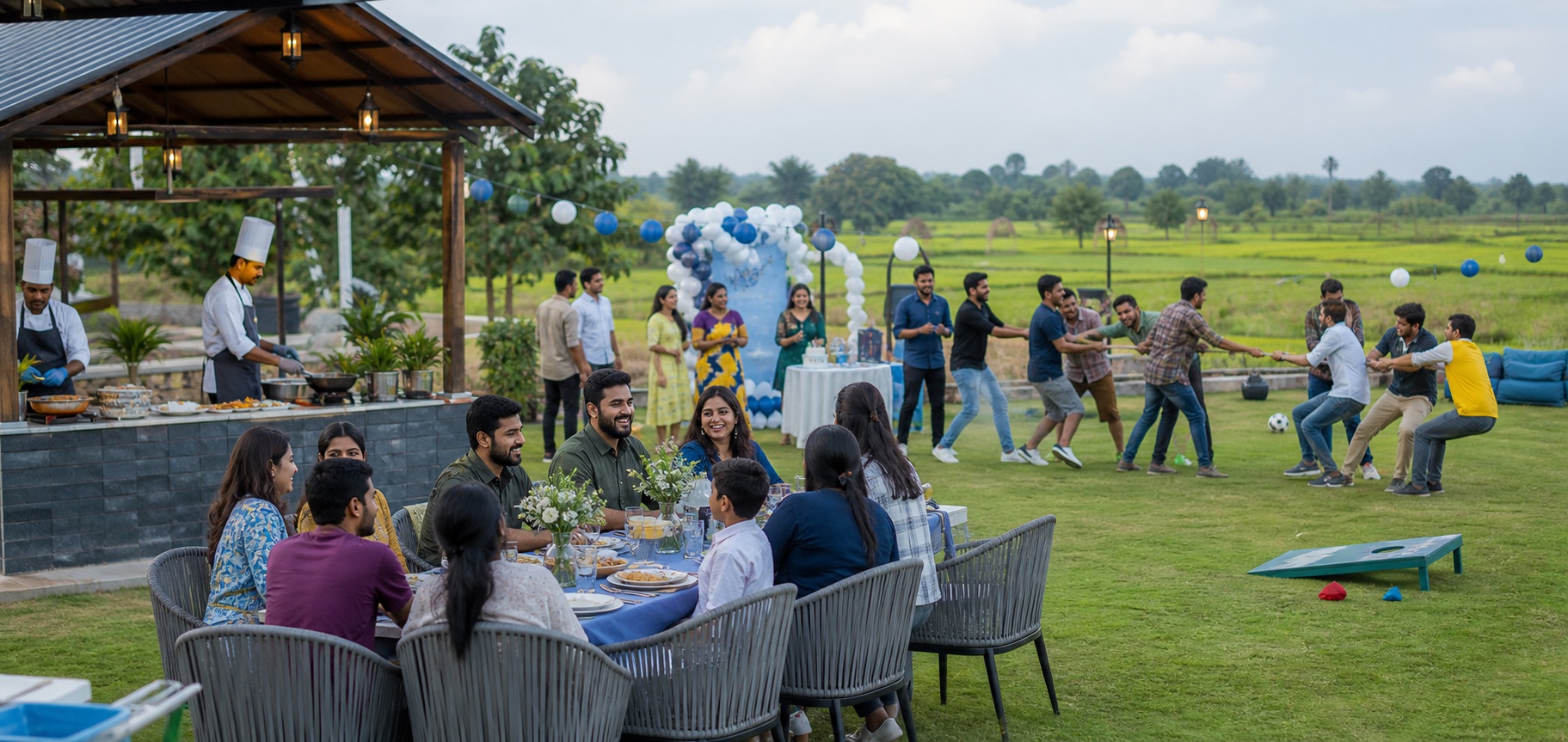 Families and groups enjoying food, games, and celebration at a farmland retreat