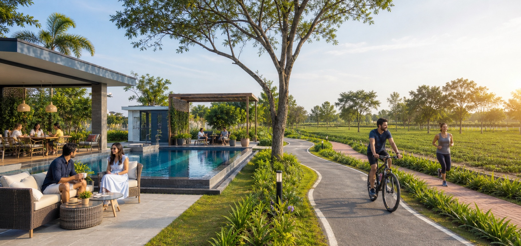 Bliss Bilva farmland retreat with pool, cycling track, and green landscape