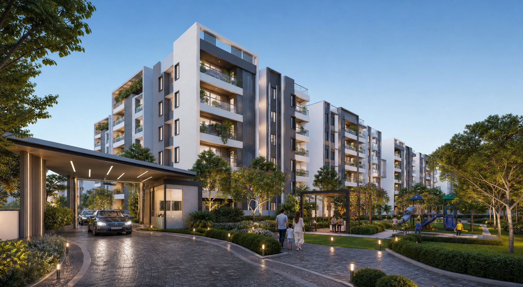 Premium gated community apartment project with landscaped entrance and family amenities