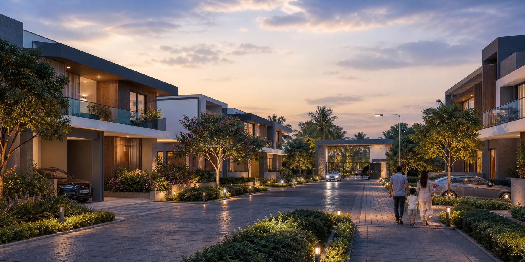 Premium villa community with landscaped internal roads and evening lighting